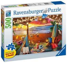 Ravensburger Cozy Cabana Puzzle by-the-sea scene invites relaxing, screen-free evenings.