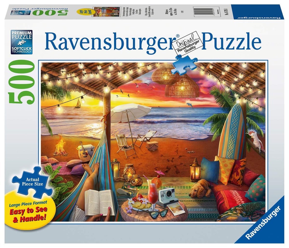 Ravensburger Cozy Cabana Puzzle large-format pieces ease handling for adults and kids.