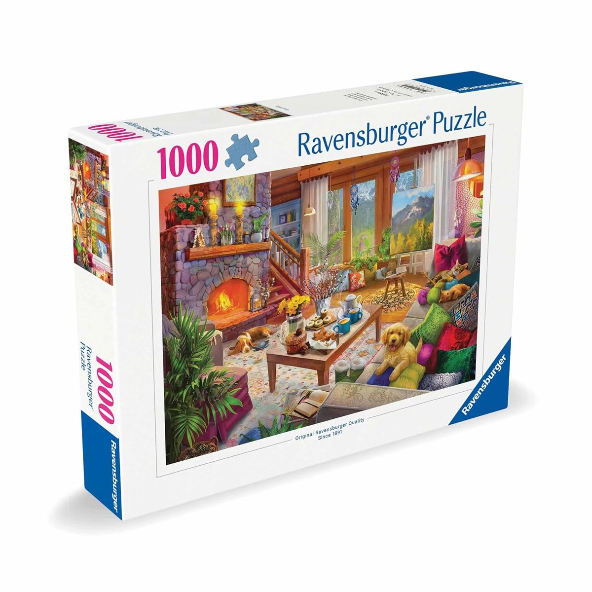Ravensburger Cozy Cabin puzzle box front with vibrant colors for relaxing evenings.