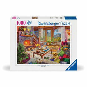 Ravensburger Cozy Cabin puzzle scene inviting mindful puzzling in a mountain setting.