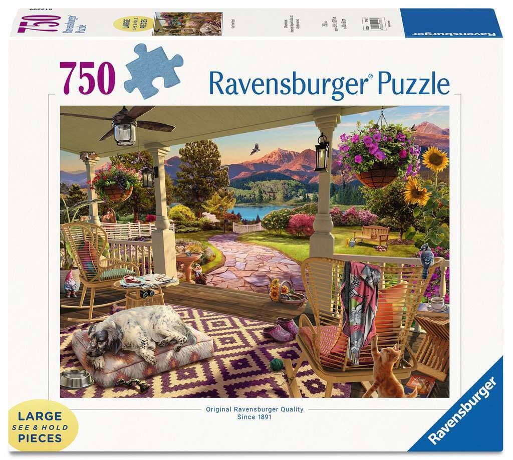 Ravensburger Cozy Front Porch 750-piece puzzle—relaxing front porch scene for family bonding.