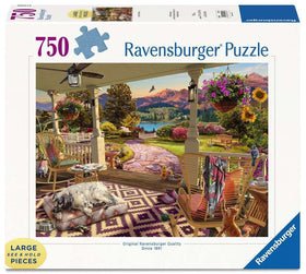Ravensburger Cozy Front Porch 750-piece puzzle—relaxing front porch scene for family bonding.