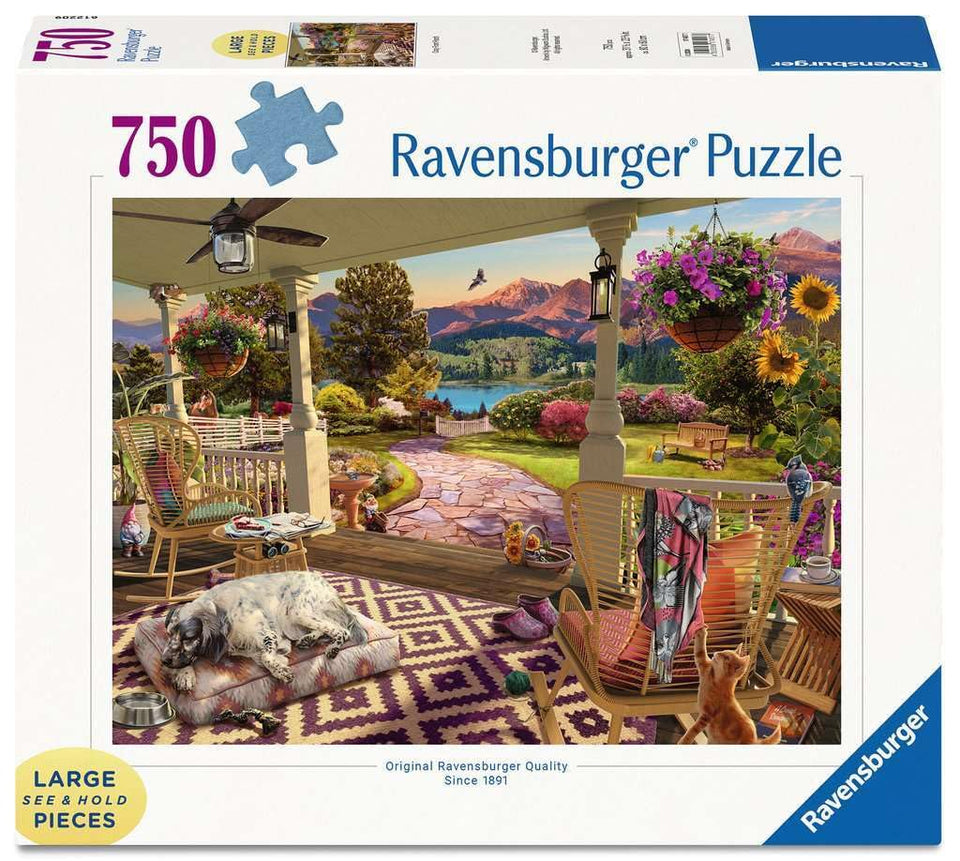 Ravensburger Cozy Front Porch 750-piece puzzle—relaxing front porch scene for family bonding.