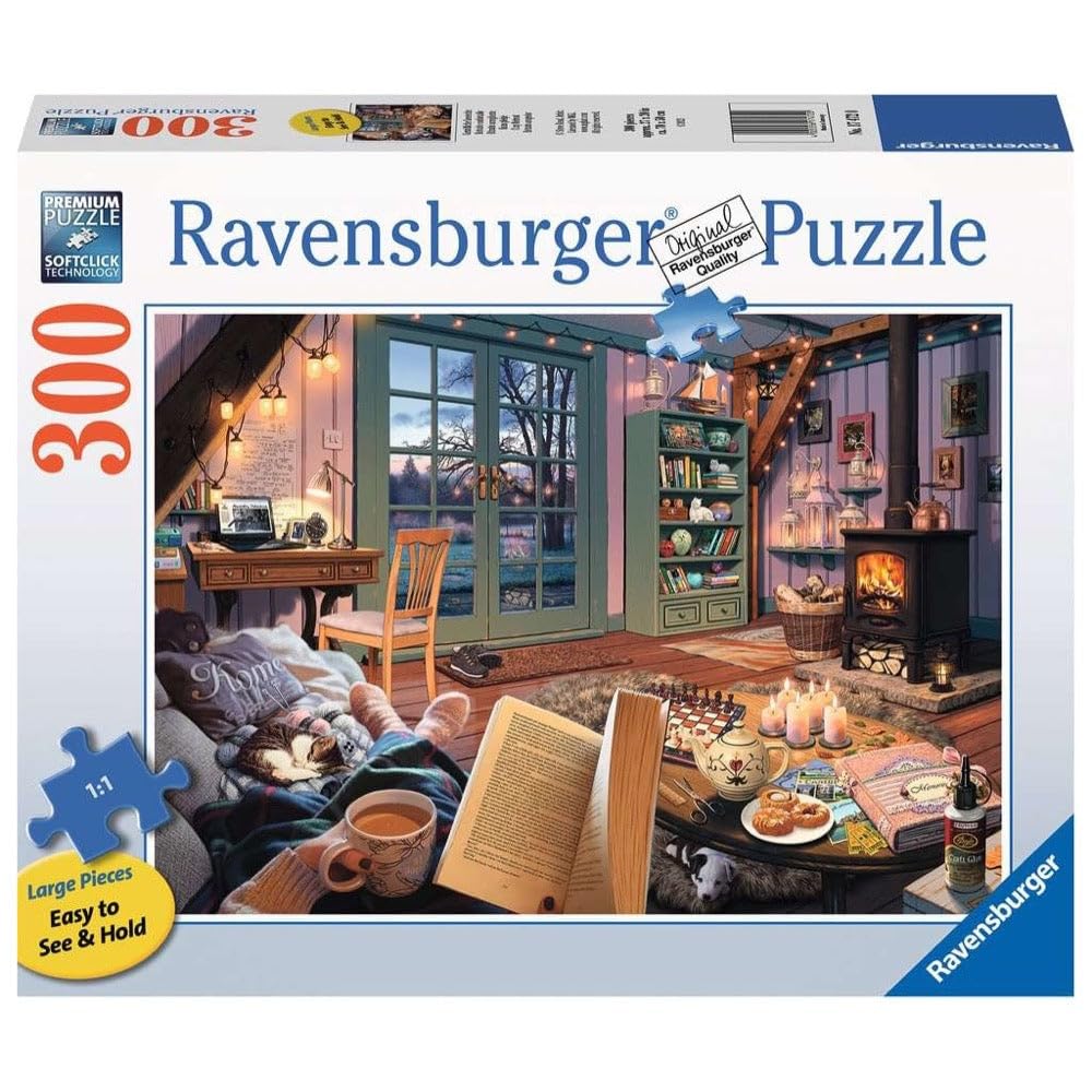 Ravensburger Cozy Retreat 300-piece large-format puzzle image for relaxing family time.