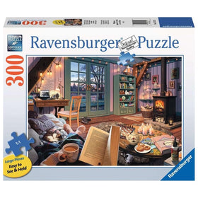 Ravensburger Cozy Retreat 300-piece large-format puzzle image for relaxing family time.