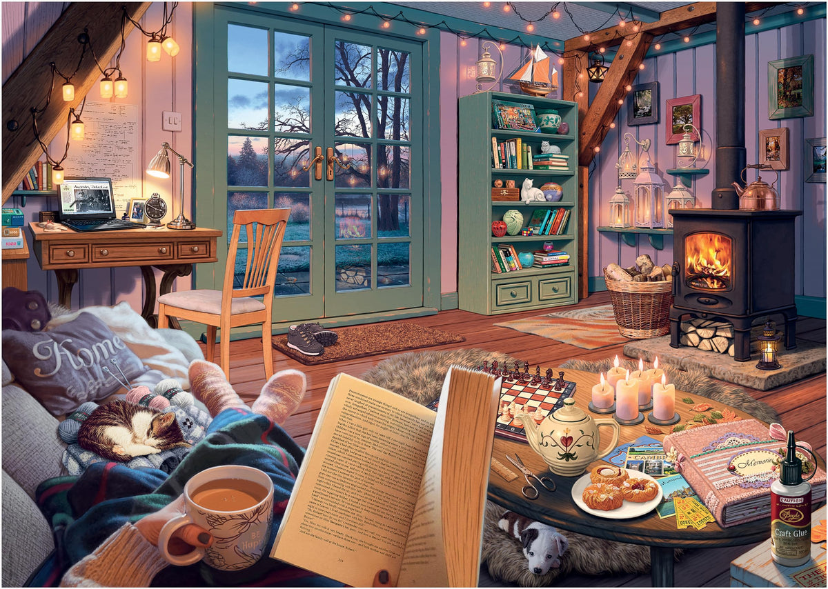 Ravensburger Cozy Retreat 500-piece puzzle offers relaxing cabin-scene focus.