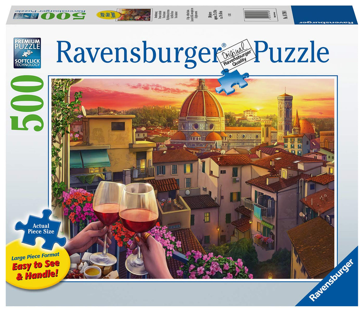Ravensburger Cozy Wine Terrace puzzle pieces designed for easy handling with Softclick precision.