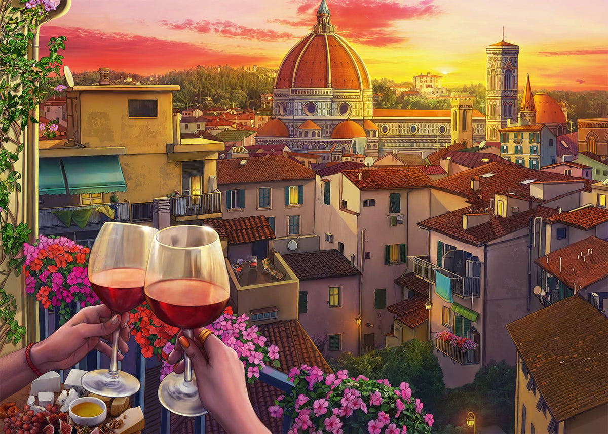 Ravensburger Cozy Wine Terrace shows the Florence sunset, inviting mindful puzzling sessions.