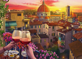 Ravensburger Cozy Wine Terrace shows the Florence sunset, inviting mindful puzzling sessions.