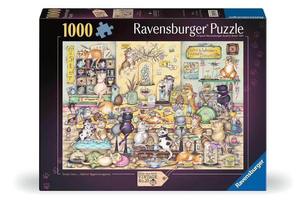Ravensburger Crazy Cat's Easter Eggstravaganza puzzle cover with festive felines for springtime puzzling.