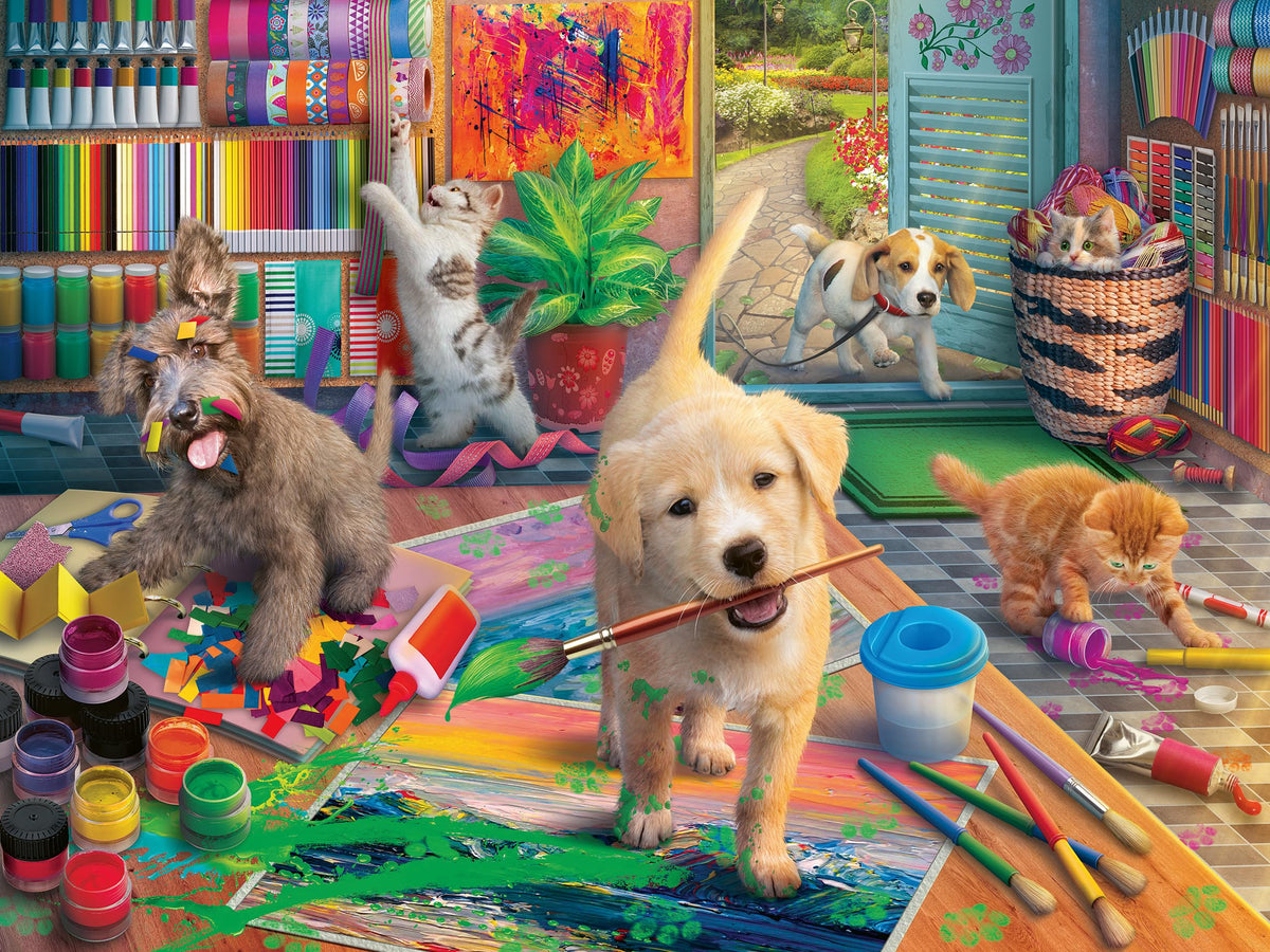 Ravensburger Cute Crafters puzzle setup with pets crafting scene for family bonding.