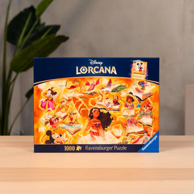 Ravensburger Disney Lorcana Amber Glimmers 1000-piece puzzle on your desk for focused play.