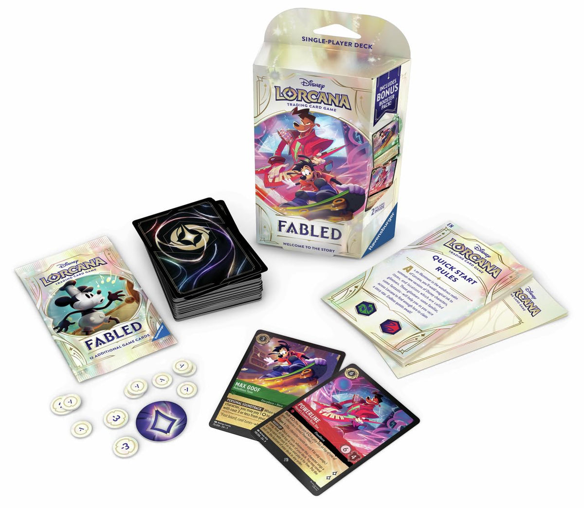 Ravensburger Disney Lorcana Fabled Deck Emerald Ruby includes artwork-rich cards for immersion.