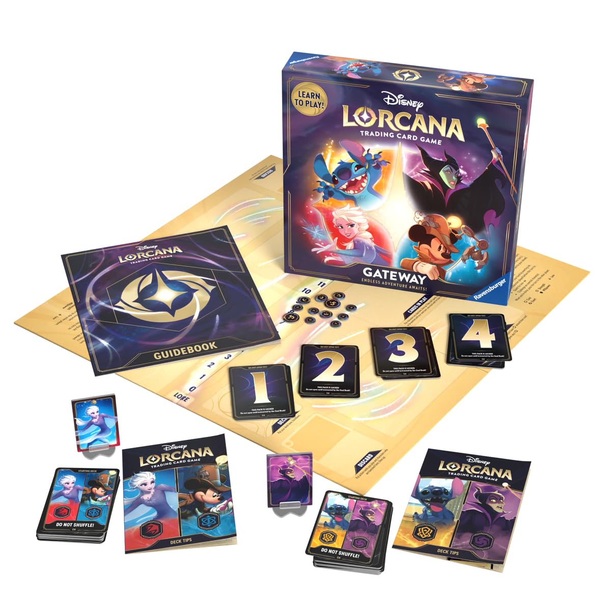 Ravensburger Disney Lorcana Gateway deck-setup showing prebuilt glimmers for beginners.