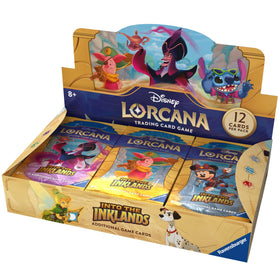 Ravensburger Disney Lorcana Inklands booster display showcases vivid artwork for collectors and gameplay.