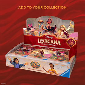 Ravensburger Lorcana display with 24 packs showcases 288 cards for deck expansion.