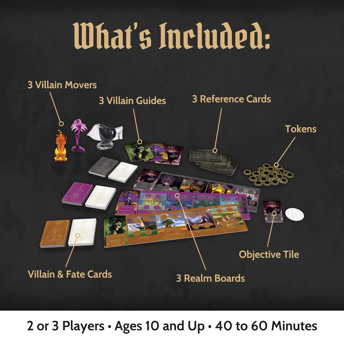 Ravensburger Disney Villainous villain cards featuring Scar, Ratigan, and Yzma for tense decisions