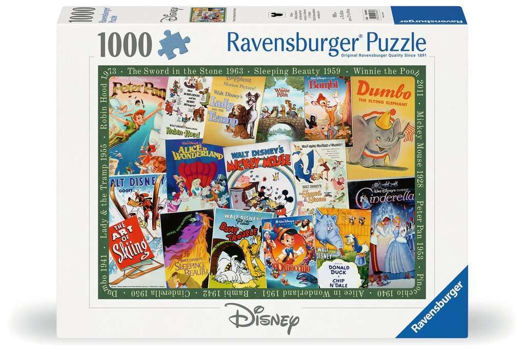 Ravensburger Disney Vintage Movie Poster puzzle box front—premium interlocking pieces for adults relaxing evenings