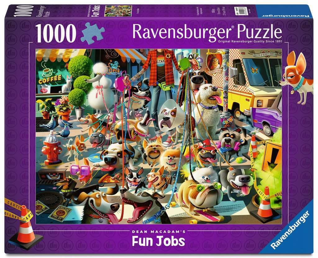 Ravensburger The Dog Walker 1000-piece puzzle hero, vibrant city scene for relaxing sessions.