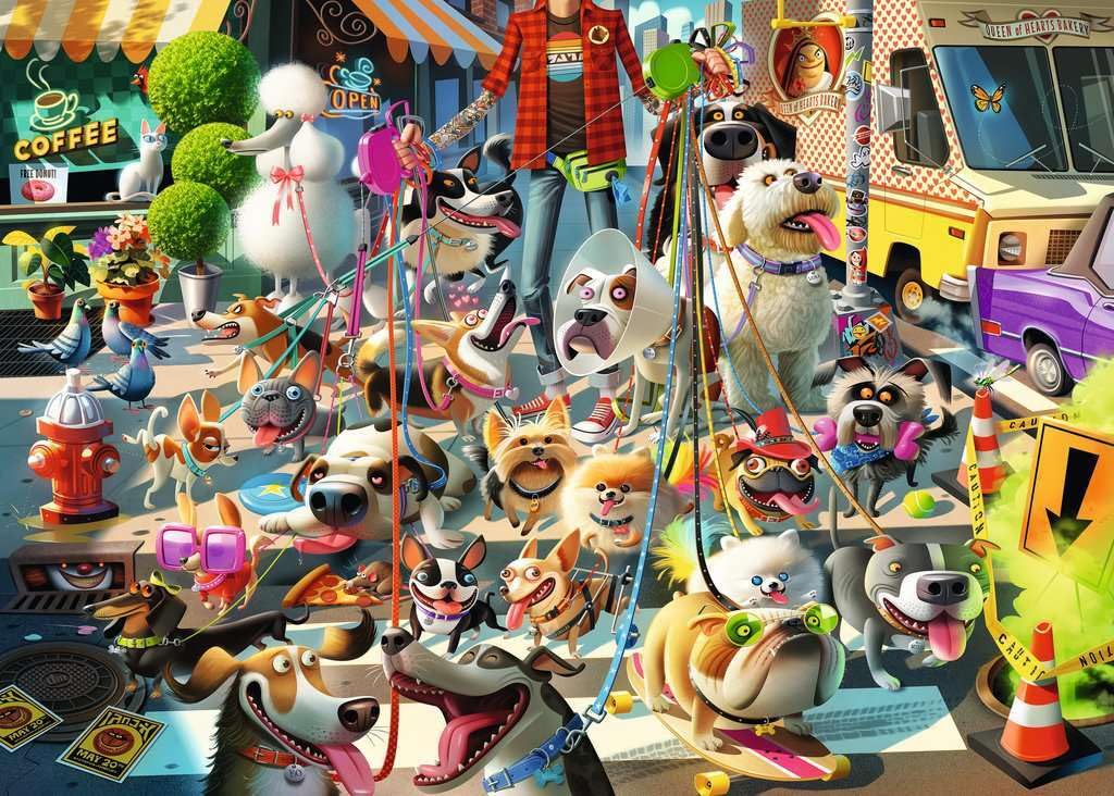 Ravensburger The Dog Walker whimsical urban dog parade, ideal for family puzzle night.