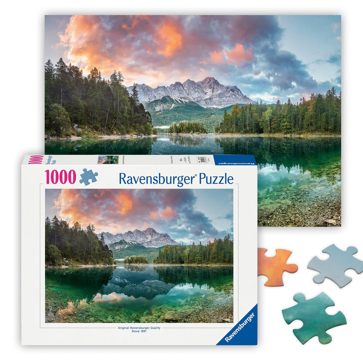 Ravensburger Eibsee Lake sunrise puzzle image for mindful relaxation and scenic challenge.