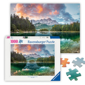 Ravensburger Eibsee Lake sunrise puzzle image for mindful relaxation and scenic challenge.