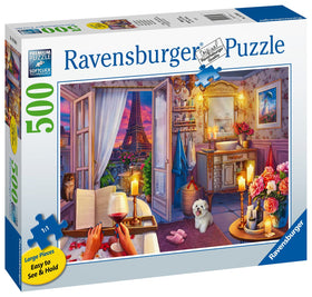 Ravensburger Eiffel Tower view puzzle: vibrant, glare-free image for vivid puzzling.