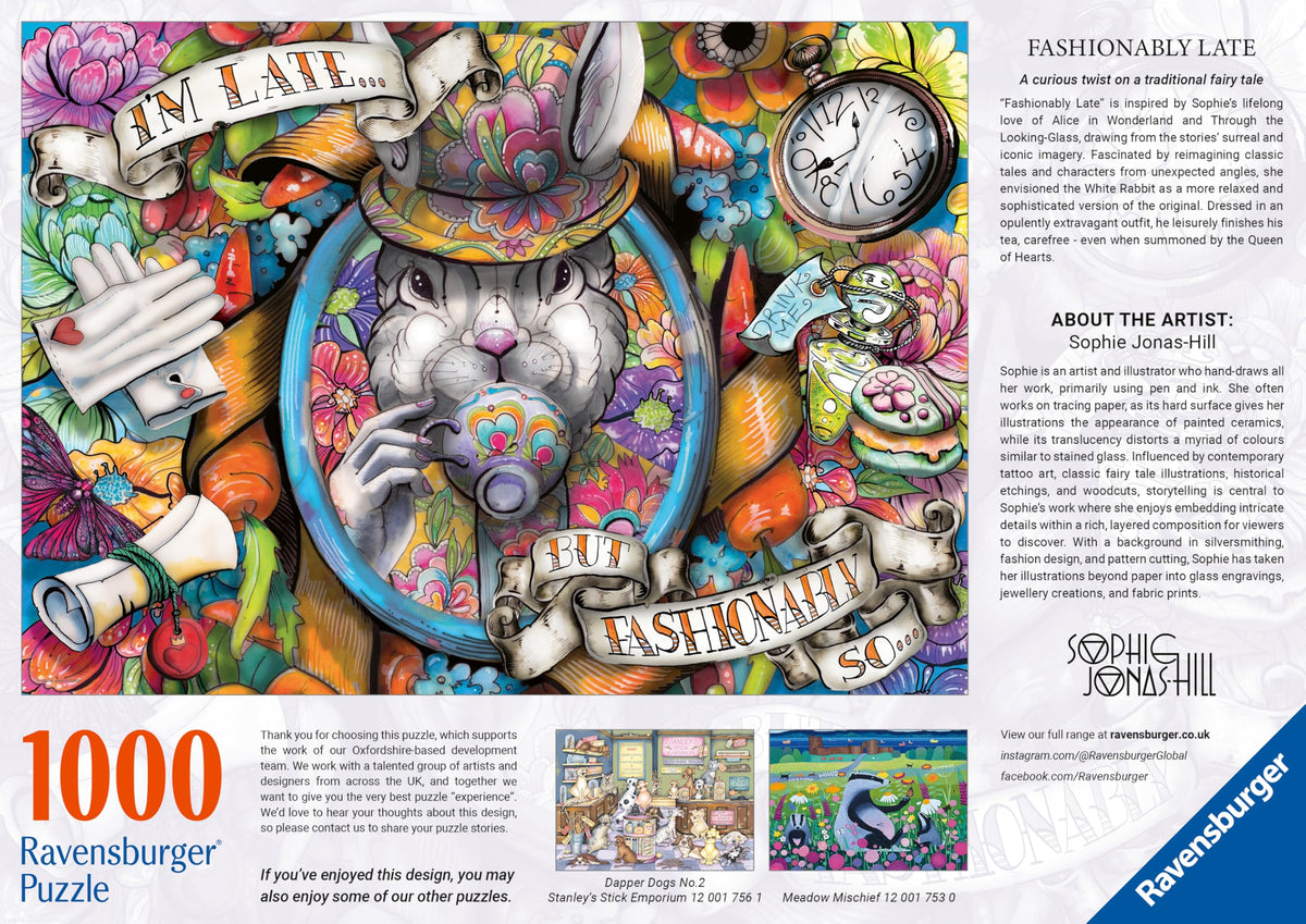 Ravensburger Fashionably Late artwork features bold fashion motifs