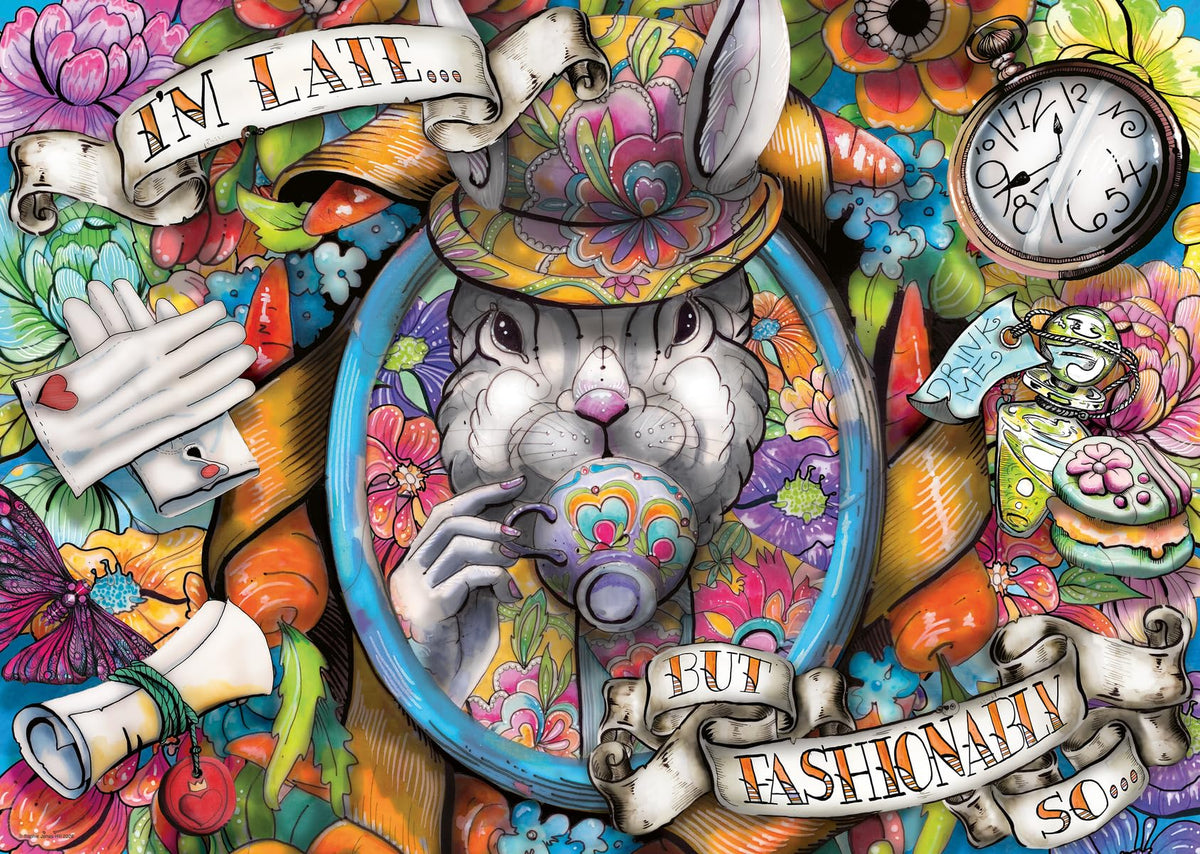 Ravensburger Fashionably Late puzzle cover with stylish artwork for a relaxing evening
