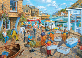 Ravensburger Fisherman's Life coastal scene puzzle artwork, ideal for focused, screen-free relaxation.