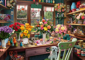 Ravensburger Flower Arranger's Shed puzzle workspace promoting mindful focus during play