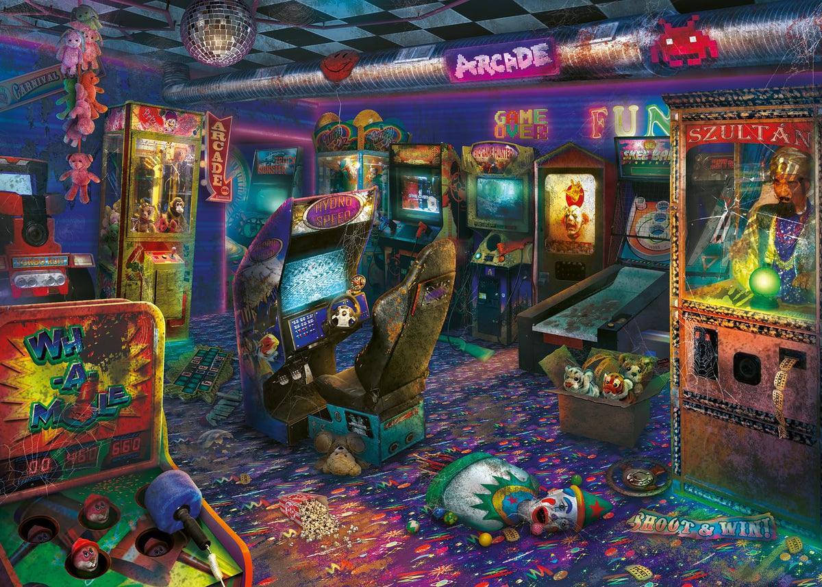 Ravensburger Forgotten Arcade puzzle shows dusty arcade machines for relaxing puzzle sessions
