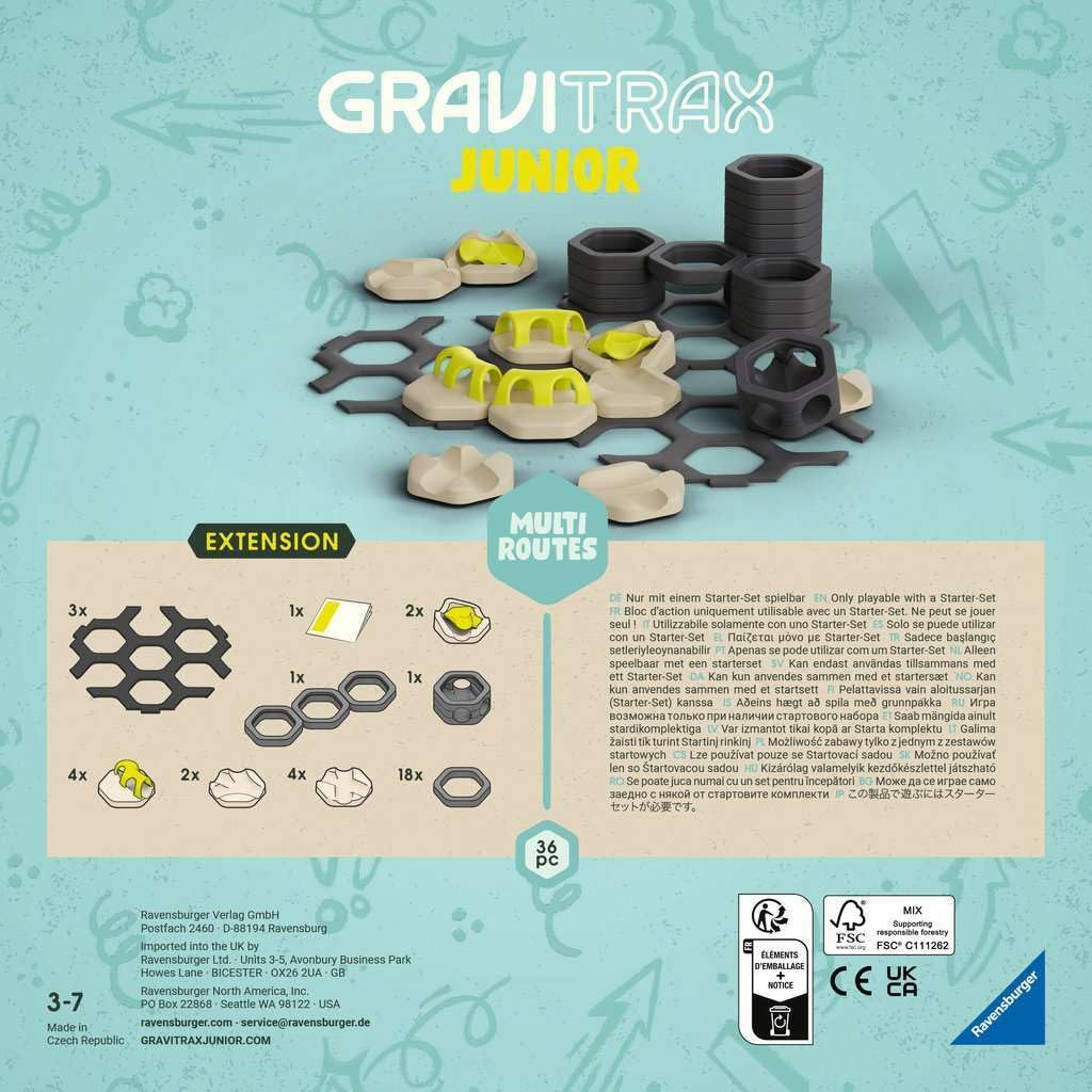 Ravensburger GraviTrax Junior Multi-Routes components display colorful parts for creative experimentation.