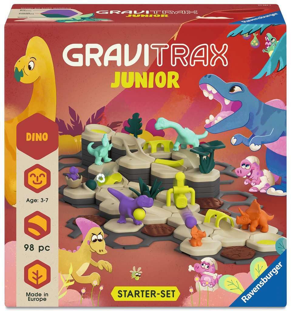 Ravensburger GraviTrax Junior Starter Set L Dino box front showing dinosaur theme and setup