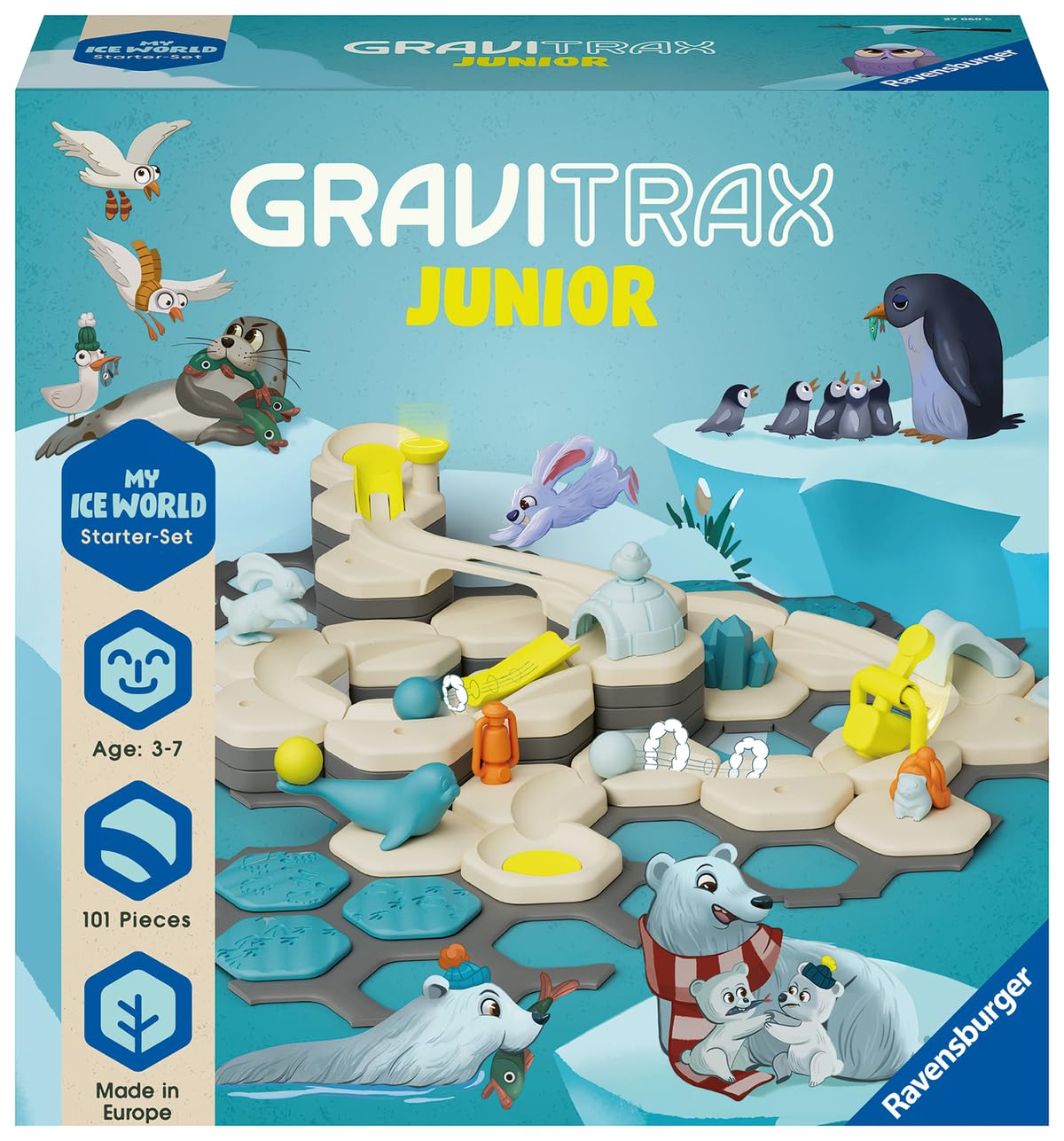 Wood bioplastics parts of GraviTrax Junior for durable, eco-friendly play.