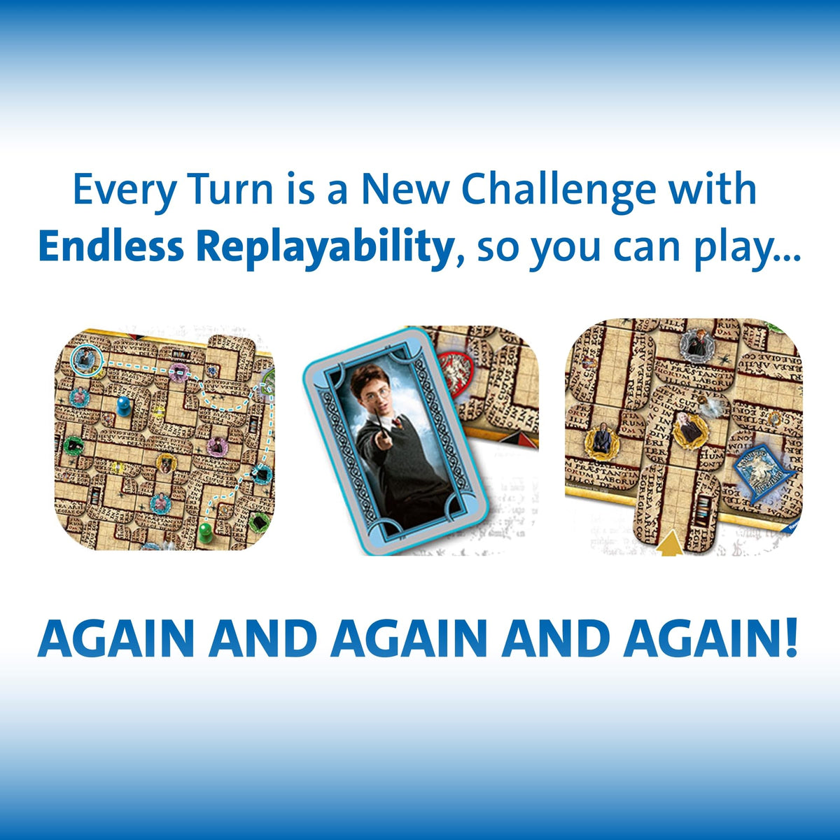 Ravensburger Harry Potter Labyrinth box art showcases magic on shelves.
