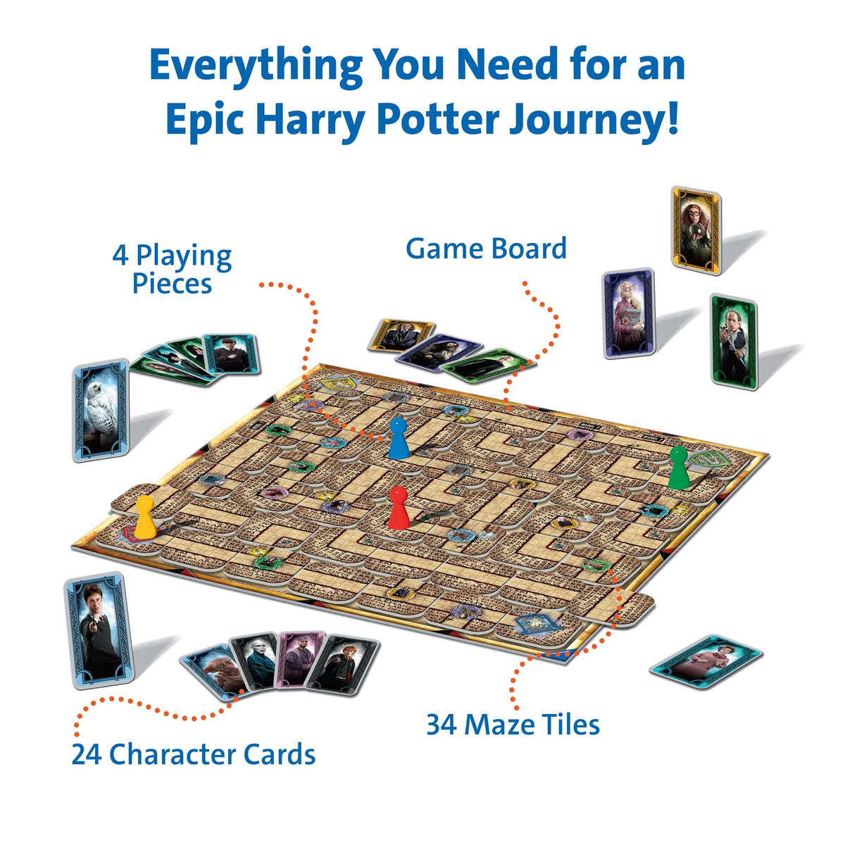 Ravensburger Harry Potter Labyrinth treasure cards guide quests for magical rewards.