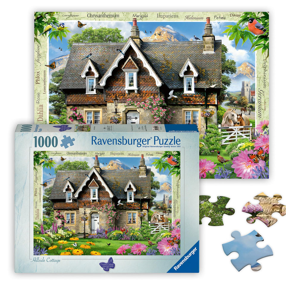 Ravensburger Hillside Cottage puzzle cover image, vibrant country scene, perfect for mindful evenings.
