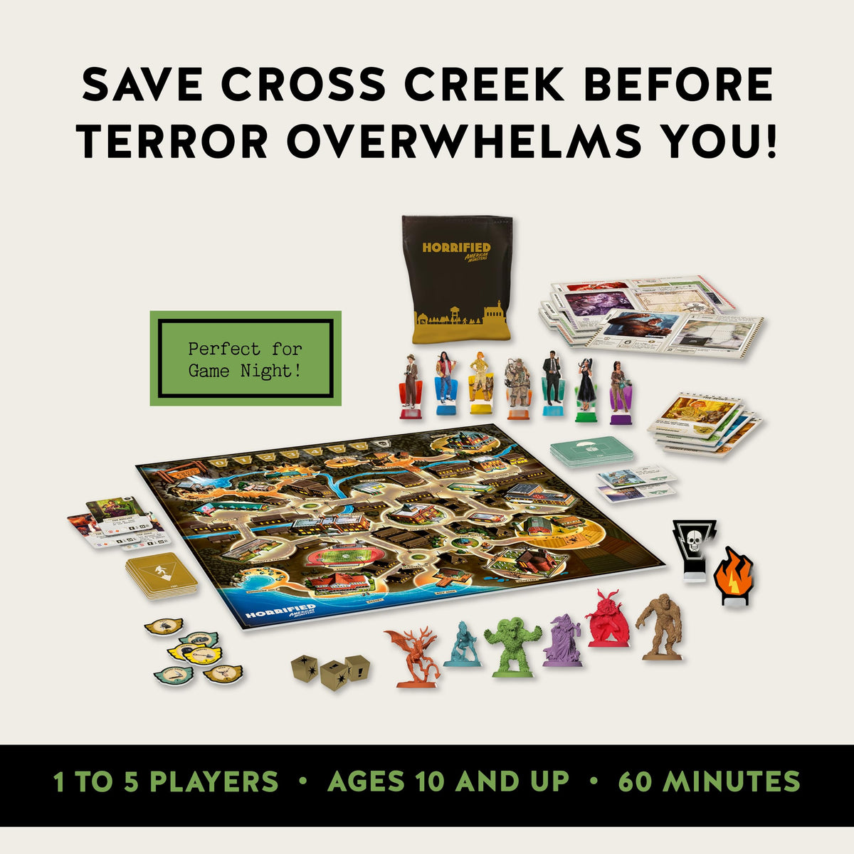 Six cryptid monster miniatures from Ravensburger Horrified American Monsters ready for strategy.
