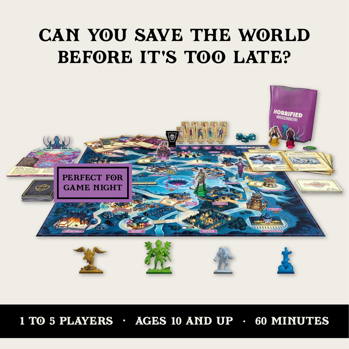 Ravensburger Horrified miniatures display four iconic monsters during gameplay.