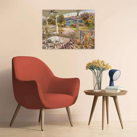 Ravensburger hummingbirds and flowers on the porch—vivid detail inspires evenings of puzzling.