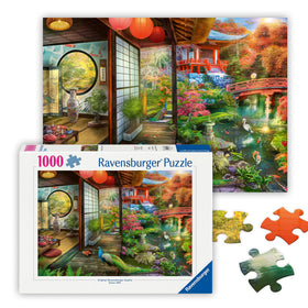 Ravensburger Japanese Garden Teahouse front scene showcases tranquil architecture for mindful puzzle time