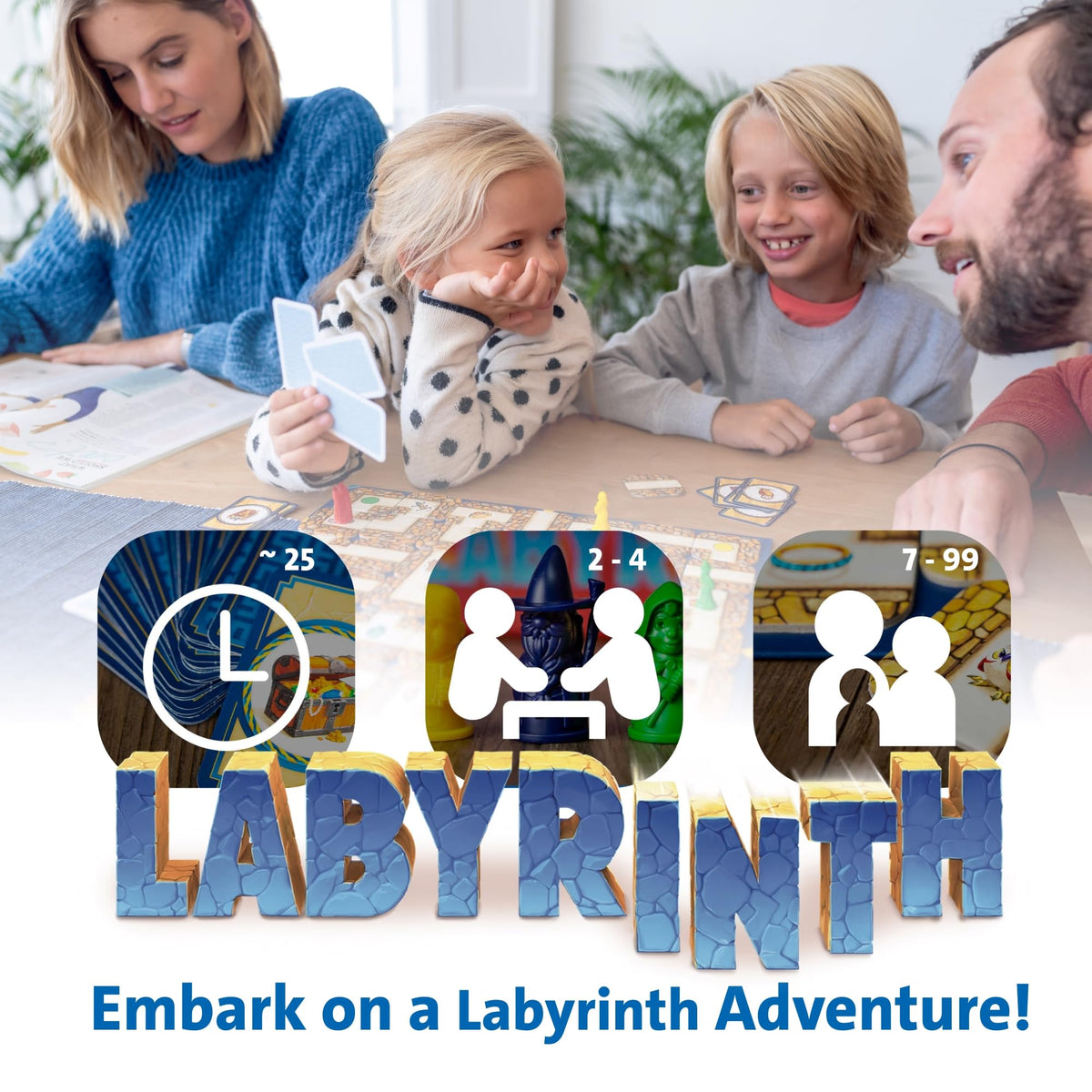 Ravensburger Labyrinth maze cards and treasures arranged for a treasure hunt.