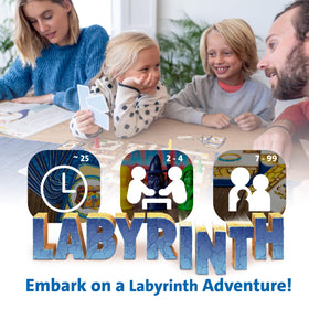 Ravensburger Labyrinth maze cards and treasures arranged for a treasure hunt.