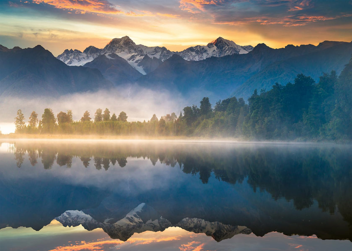 Ravensburger Lake Matheson puzzle shows still-water reflection for calm, focused puzzle time.