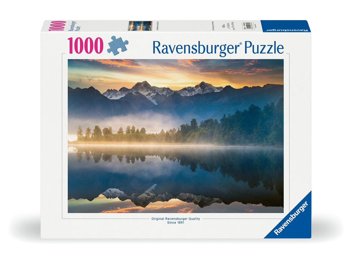 Ravensburger Lake Matheson puzzle captures sunrise mountains for a peaceful, immersive experience.