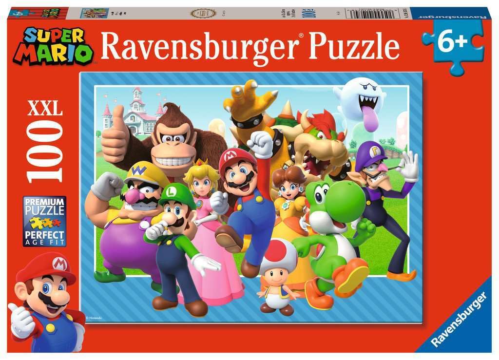 Ravensburger Lets-a-go Super Mario 100-piece puzzle front view, bright colors for kids.