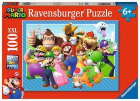 Ravensburger Lets-a-go Super Mario 100-piece puzzle front view, bright colors for kids.
