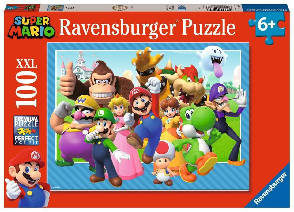 Ravensburger Lets-a-go Super Mario 100-piece puzzle front view, bright colors for kids.