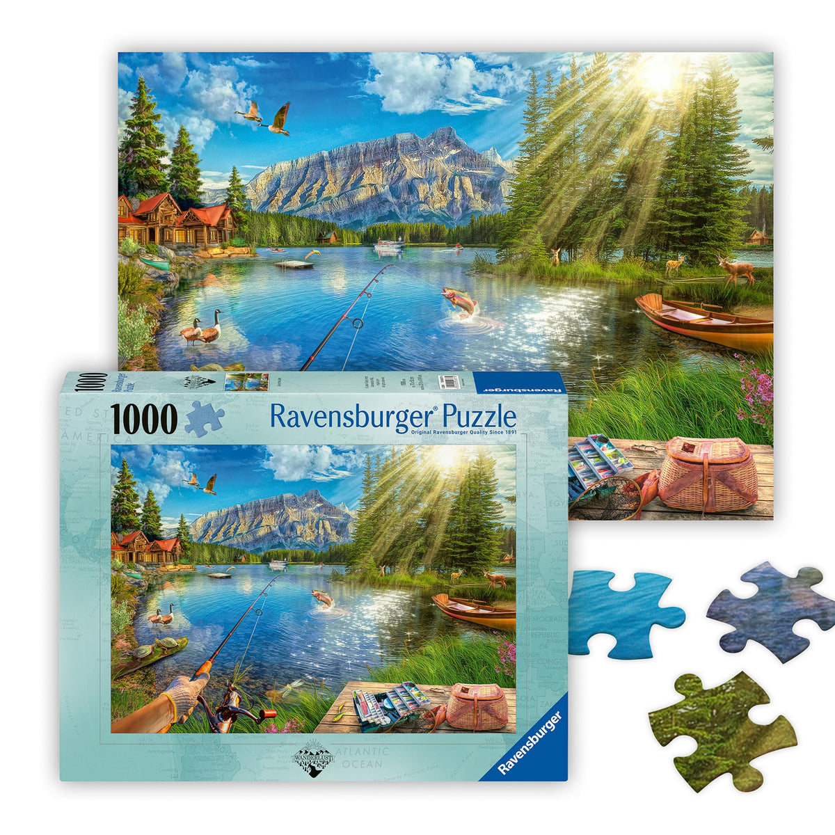 Ravensburger Life at the Lake puzzle scene with lakeside cabins, ideal for mindful relaxation